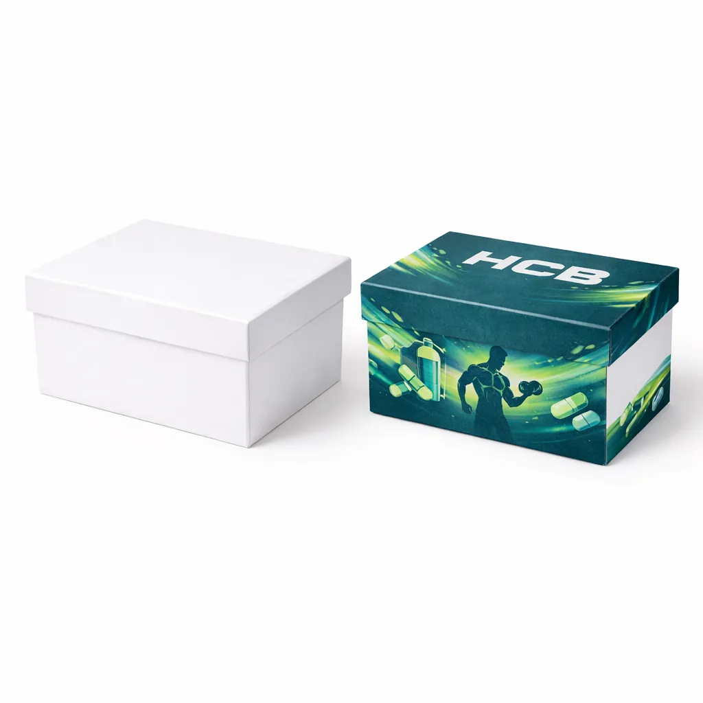 Two open flat-style boxes, one minimalist white and one with a colourful dog graphic and HCB logo. class=